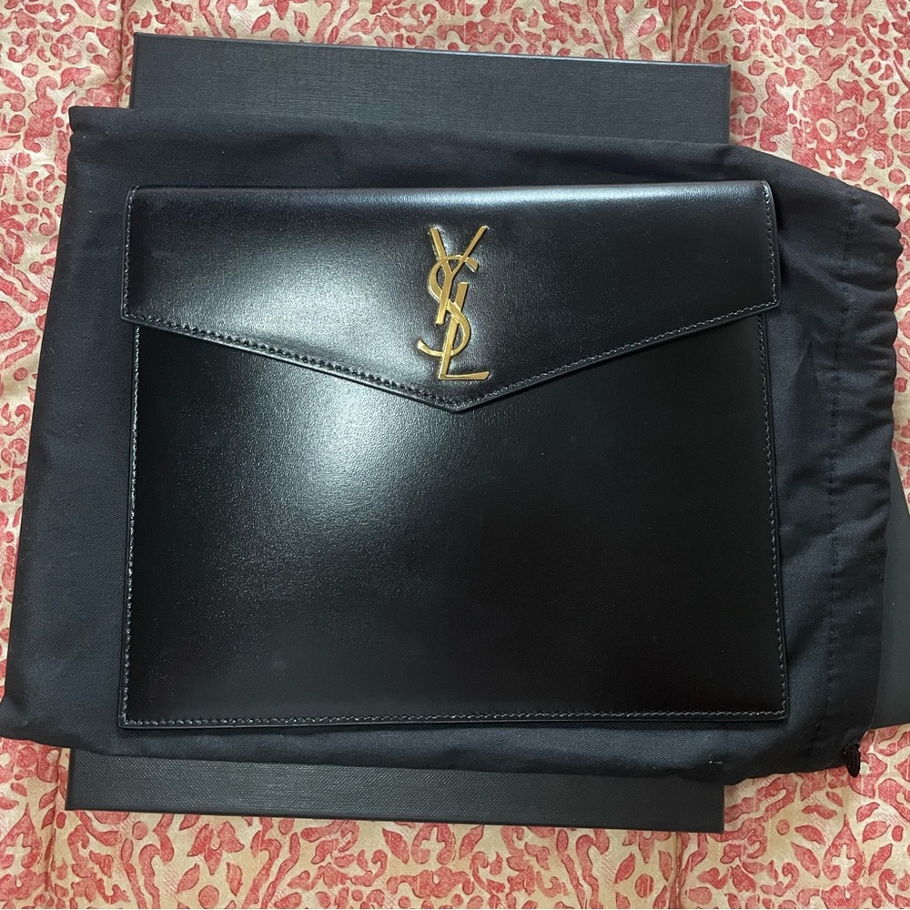 Yves Saint Laurent Black Leather Envelope Clutch with Gold YSL Logo